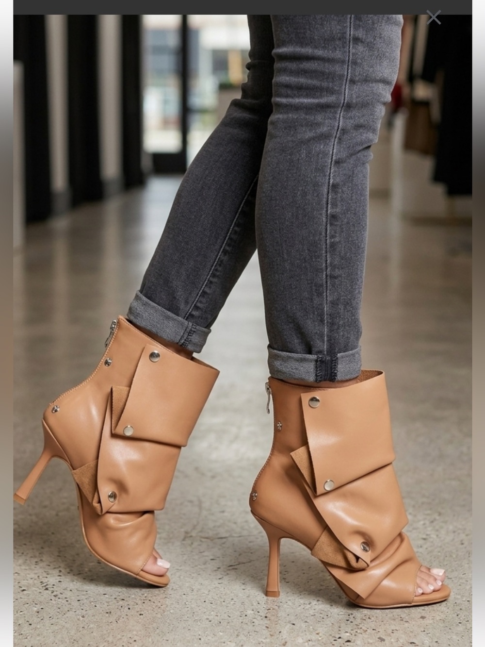 AZALEA WANG Tan Open-Toe Heeled Boots